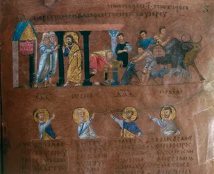 Detail van een folio uit de Codex Purpureus Rossanensis, Griekse evangelist miniatuur in een scriptorium waarschijnlijk uit Antiochië in Syrië of Cesarea Palestina. Bewaard in het Diocesaan Museum van Rossano